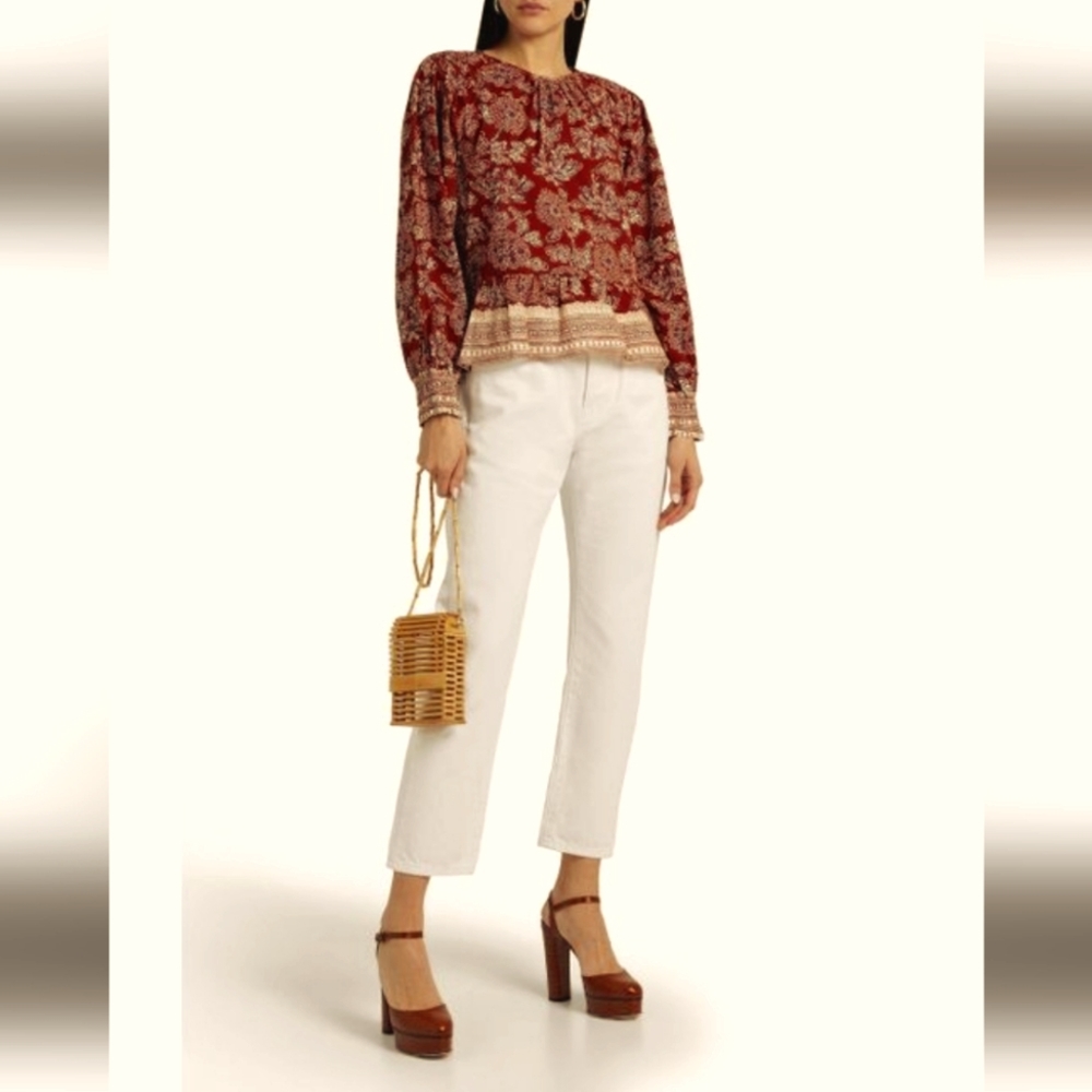 NWT Veronica Beard Kester Floral-print Peplum Blouse - Rust Red SIZE 12